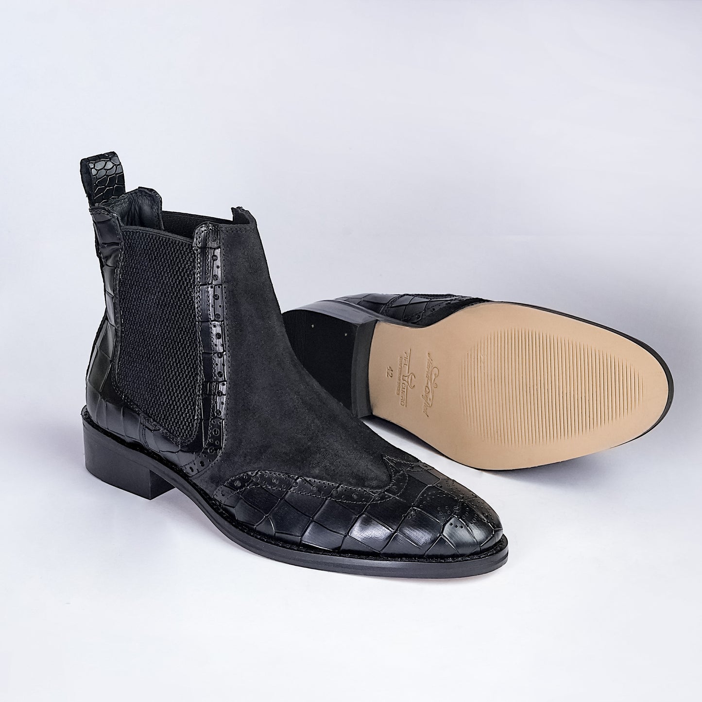 Genuine Leather Chelsea Boots Black - Crocodile Embossed, Suede & Brogue by Piel Cuero