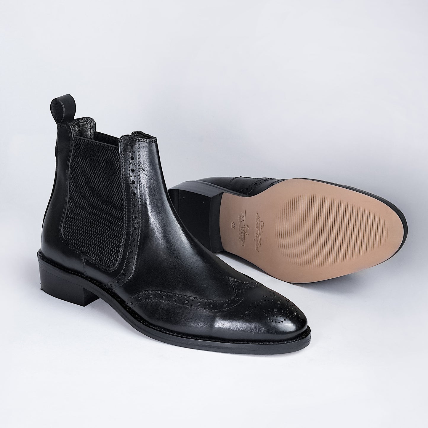 Piel Cuero Black Genuine Leather Brogue Chelsea Boots