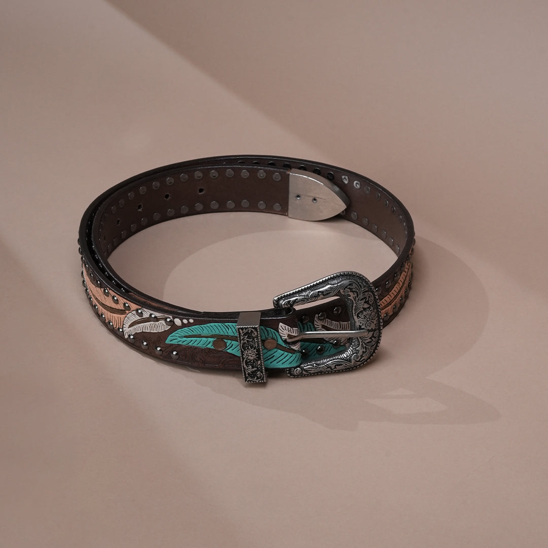 Multi Leaves Leather Belt for Men | Handcrafted Leaf Design Leather Belt