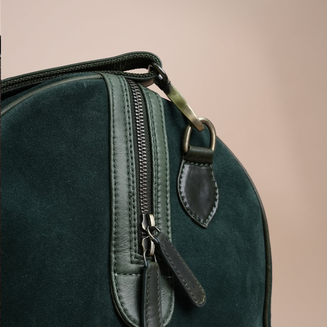 Luxury Dark Green Suede Leather Duffle Travel Bag