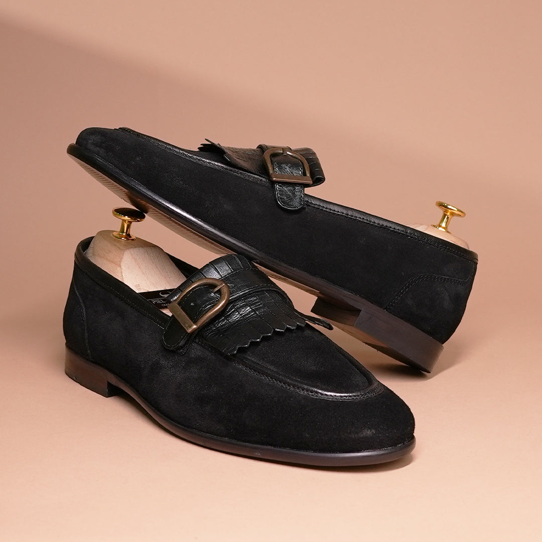 Men's Genuine Leather & Suede Fringe Tassel Loafers - Black Dress Slip-Ons