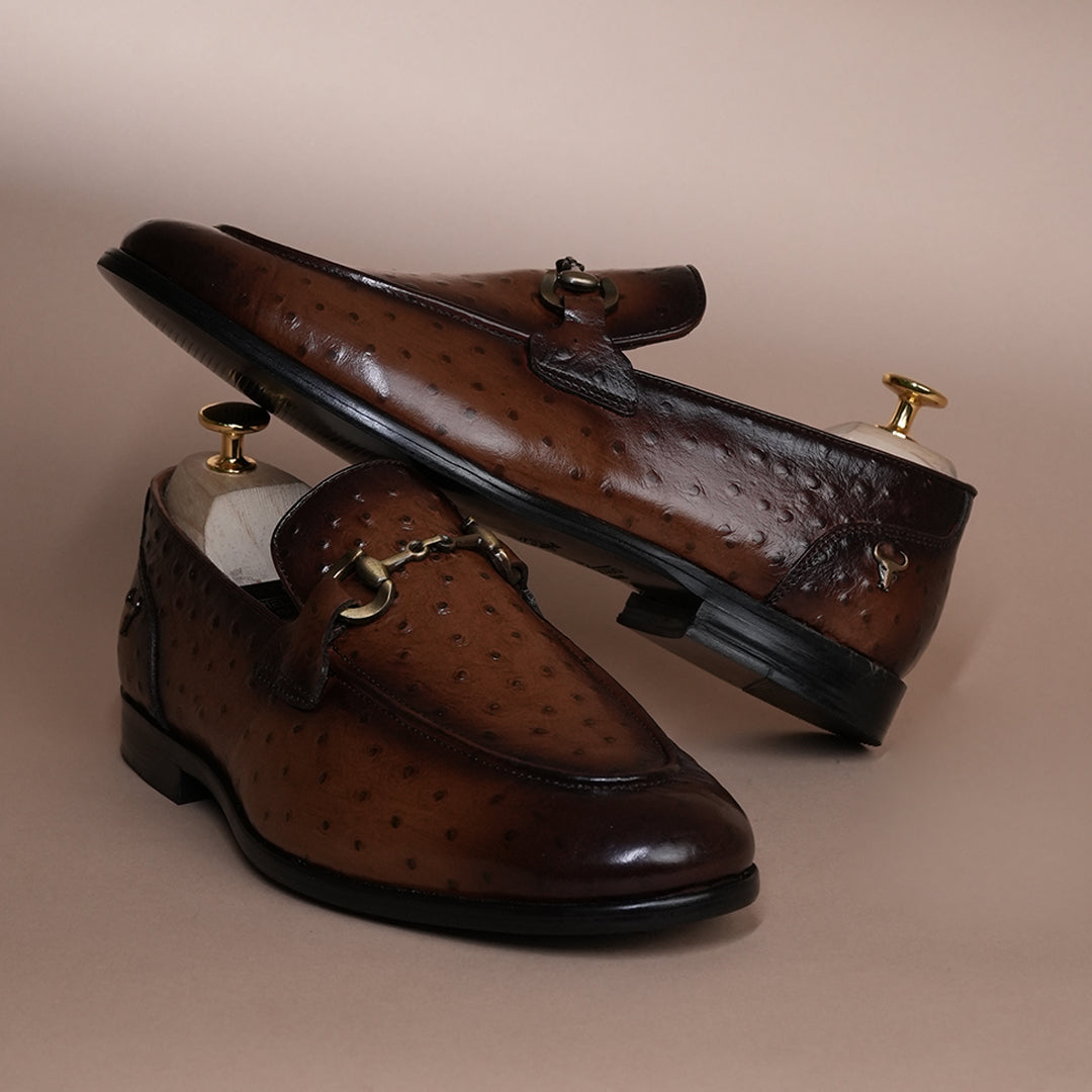Piel Cuero Tan Brown Ostrich Print Leather Bit Loafers for Men - Handcrafted & Premium