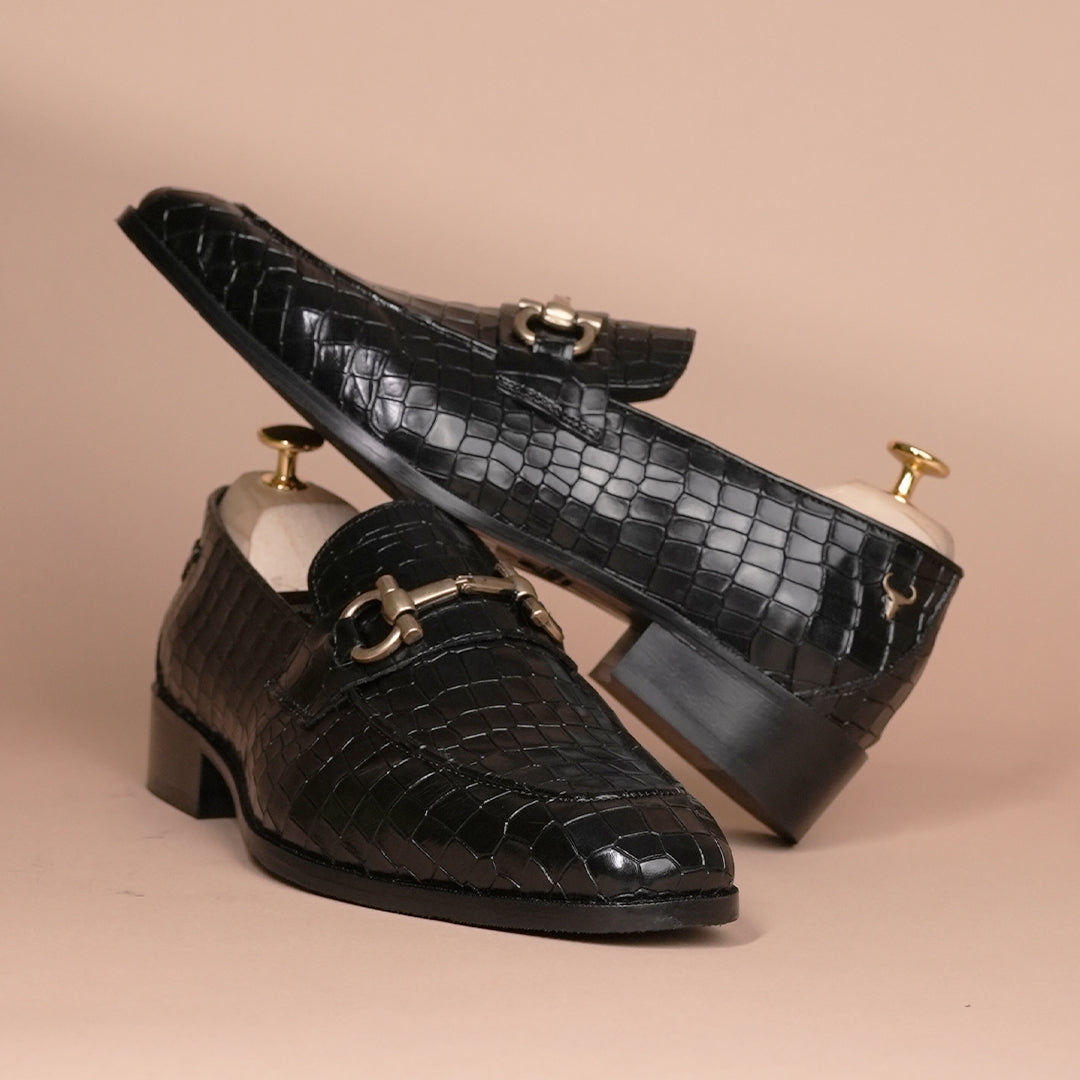 Piel Cuero Black Croc Luxe Horsebit Loafer