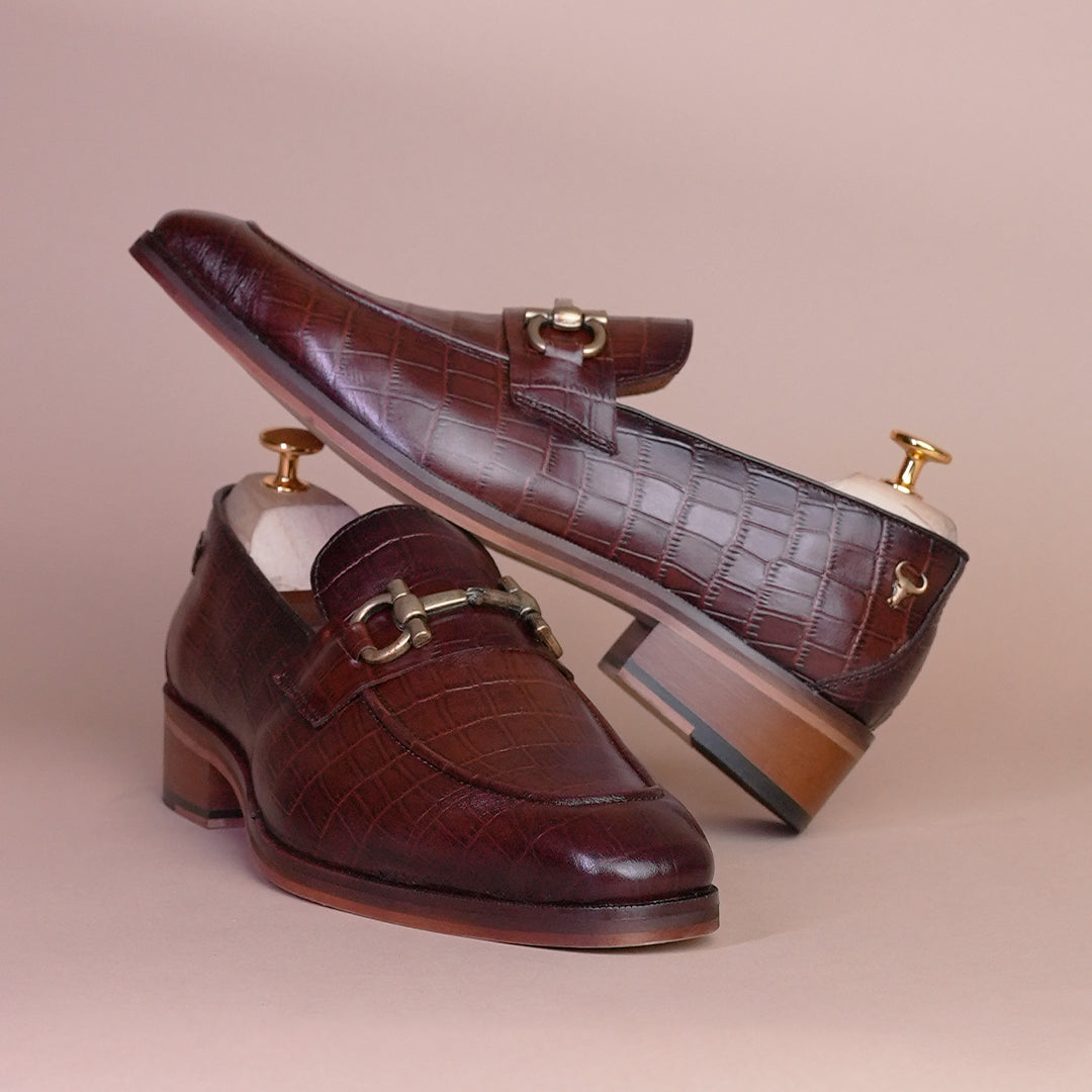 Piel Cuero Brown Croc Horsebit Leather Loafers for Men