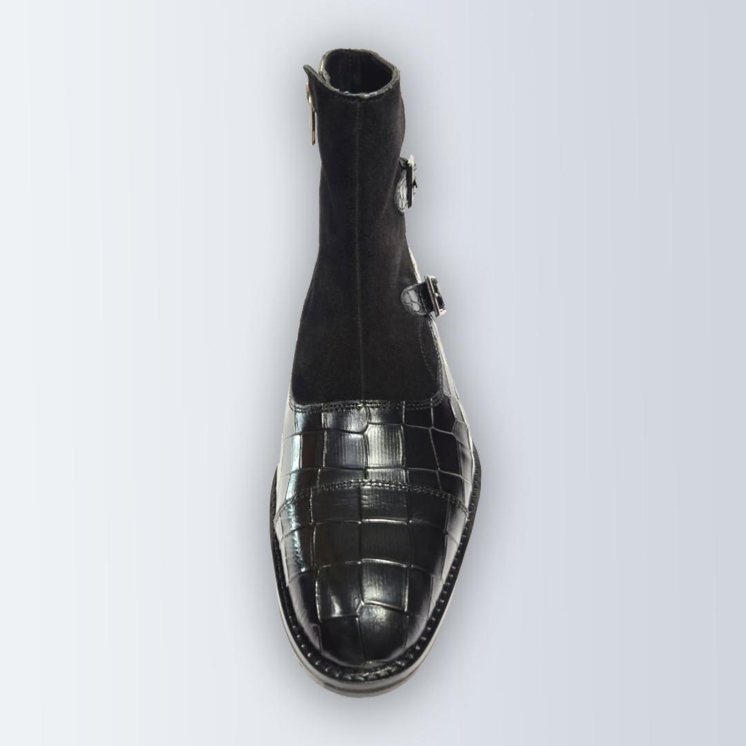 Piel Cuero Men's Black Double Monk Strap Boots with Zipper & Crocodile Pattren Leather