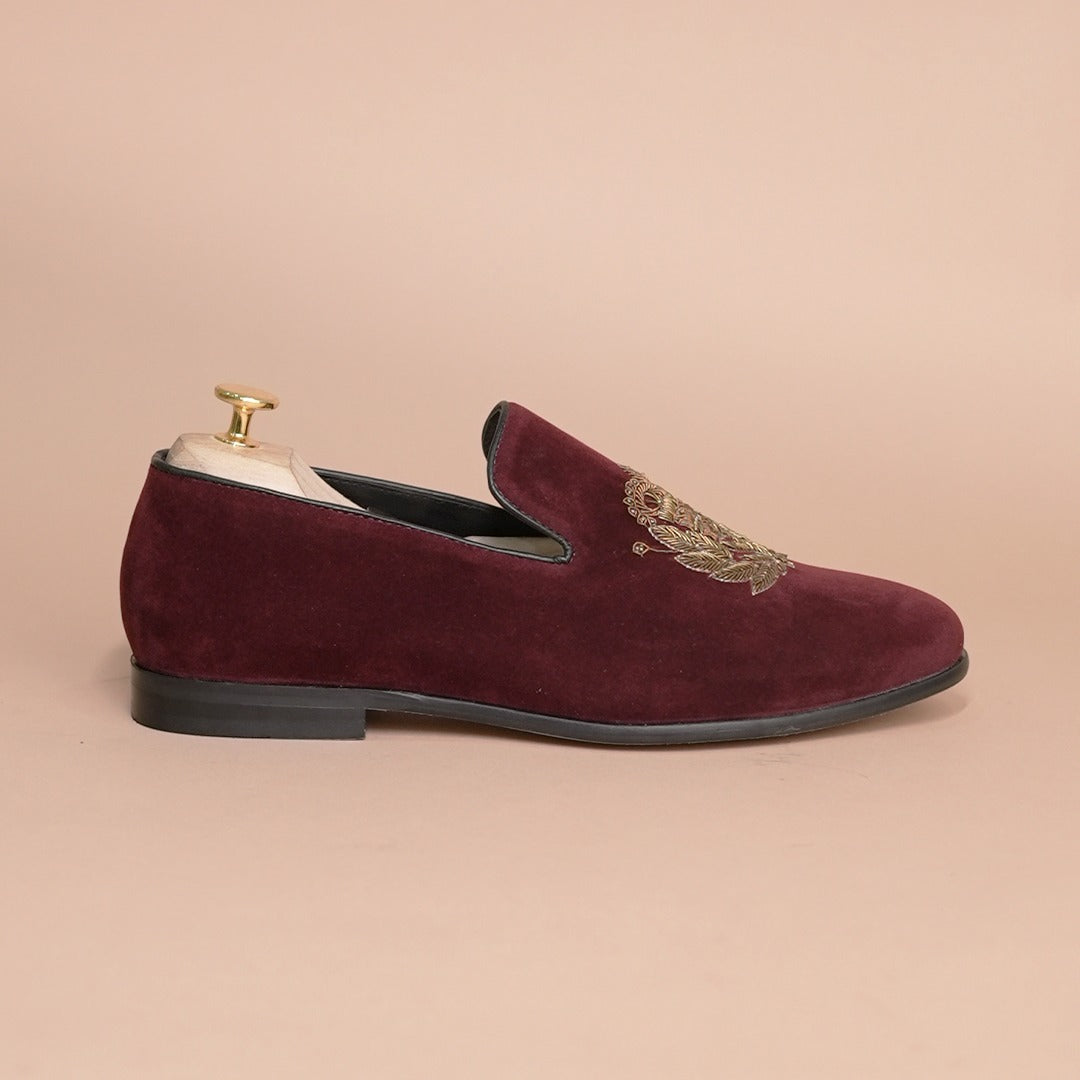 Piel Cuero Burgundy Gold Embroidered Velvet Loafers for Men
