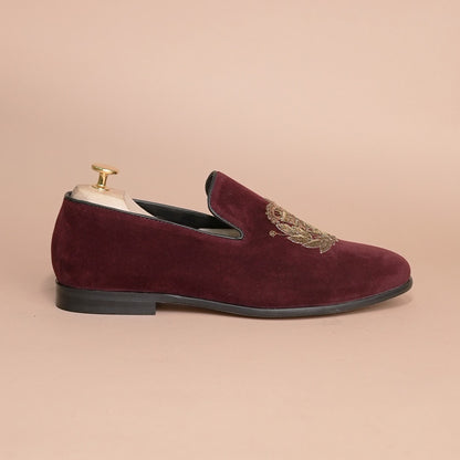Piel Cuero Burgundy Gold Embroidered Velvet Loafers for Men