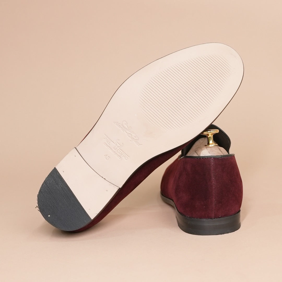 Piel Cuero Burgundy Gold Embroidered Velvet Loafers for Men