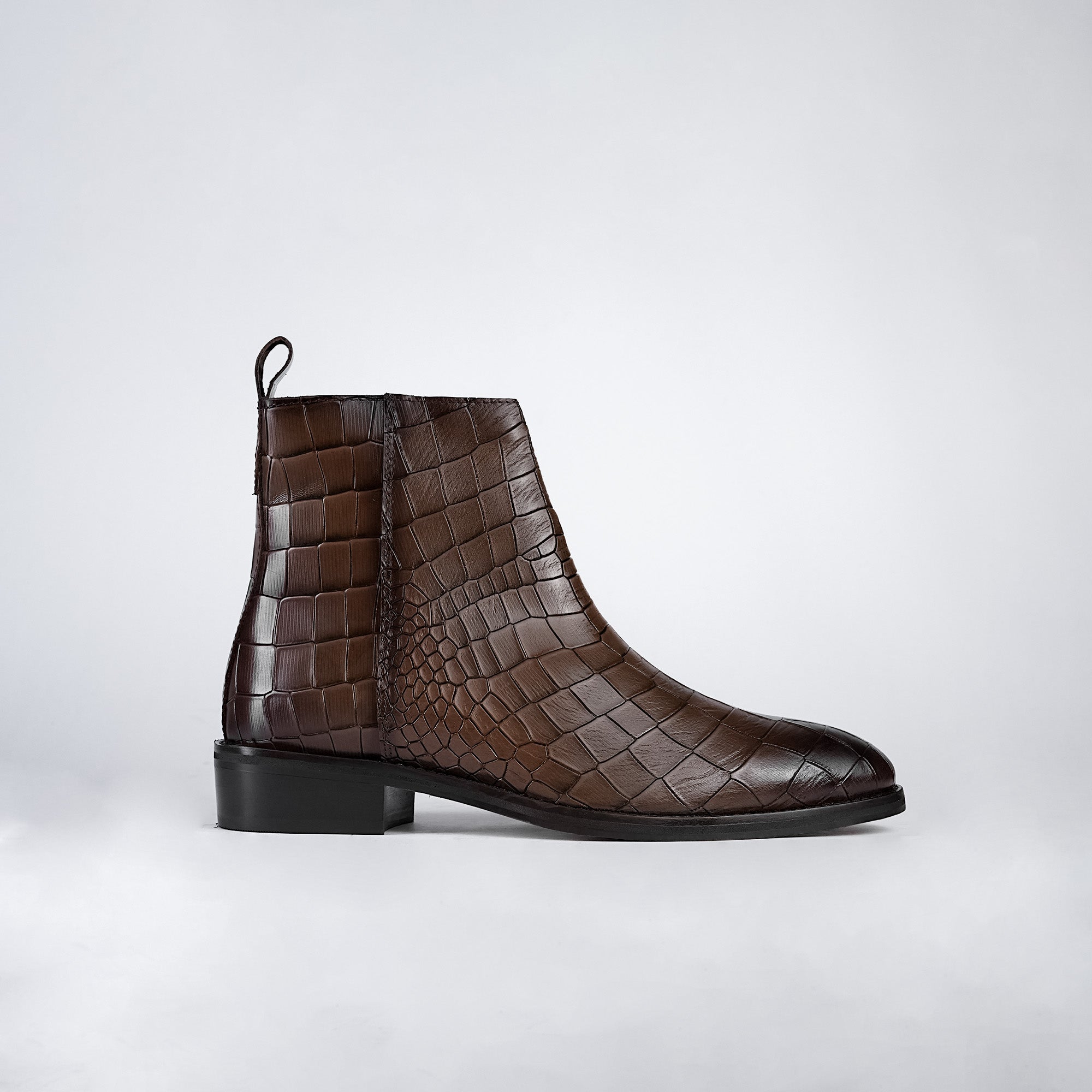 Piel Cuero Brown Crocodile Print Leather Zipper Ankle Boots