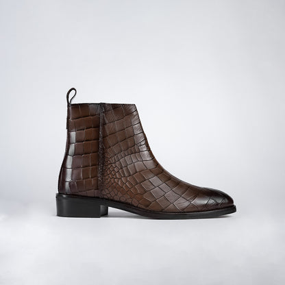 Piel Cuero Brown Crocodile Print Leather Zipper Ankle Boots