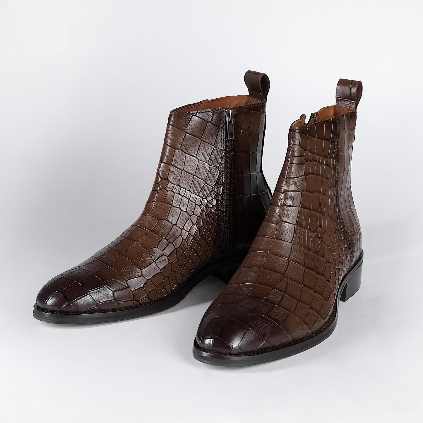 Piel Cuero Brown Crocodile Print Leather Zipper Ankle Boots