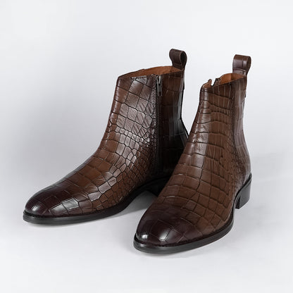 Piel Cuero Brown Crocodile Print Leather Zipper Ankle Boots
