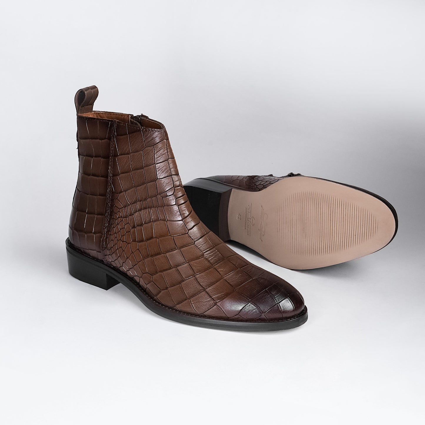 Piel Cuero Brown Crocodile Print Leather Zipper Ankle Boots