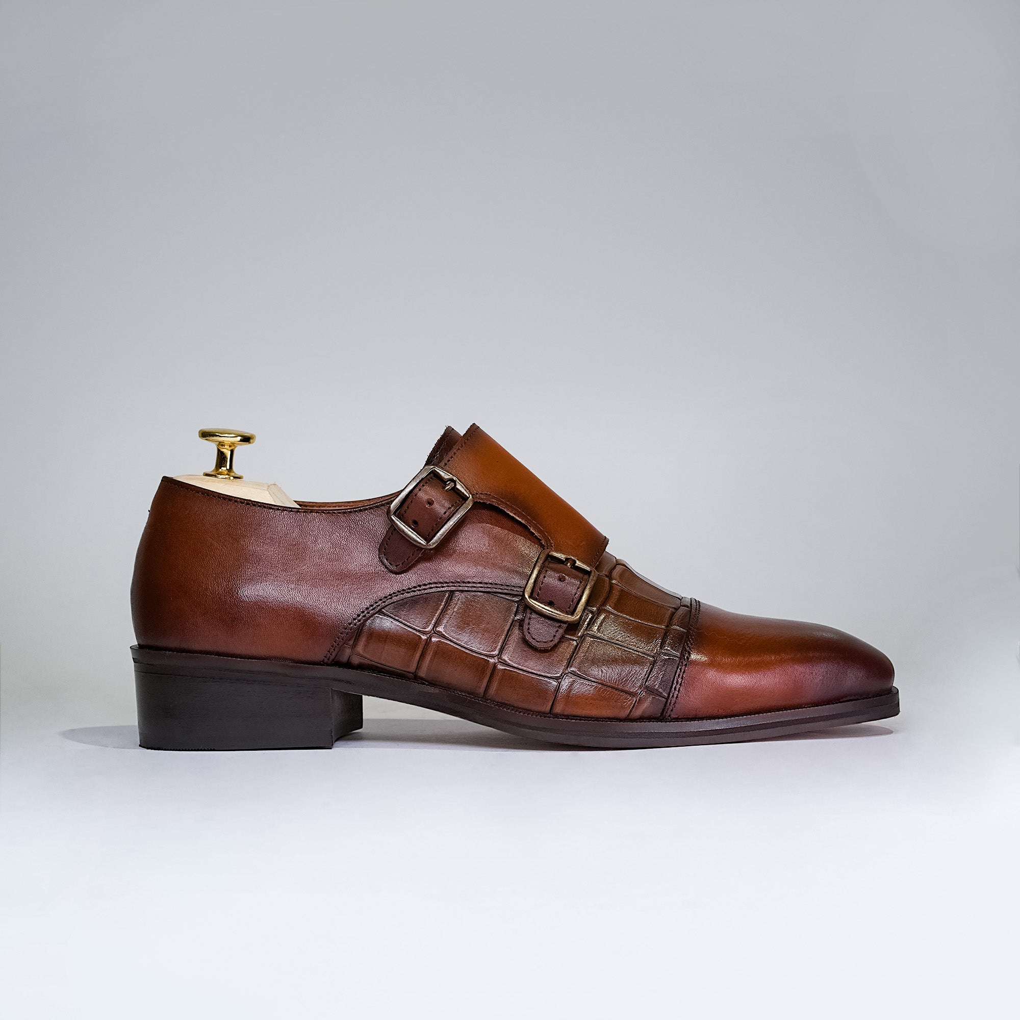 Piel Cuero Men's Brown Genuine Leather Double Monk Strap Shoes