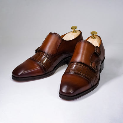 Piel Cuero Men's Brown Genuine Leather Double Monk Strap Shoes