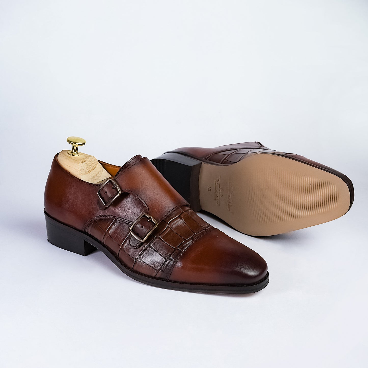 Piel Cuero Men's Brown Genuine Leather Double Monk Strap Shoes