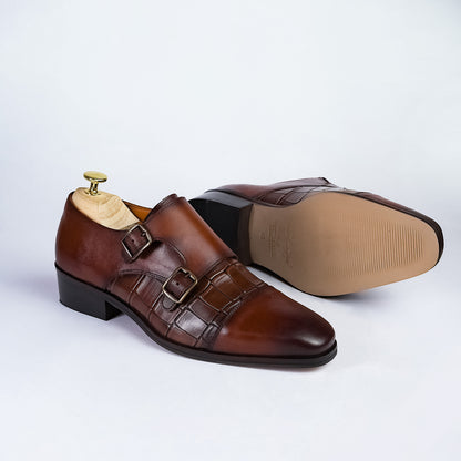 Piel Cuero Men's Brown Genuine Leather Double Monk Strap Shoes