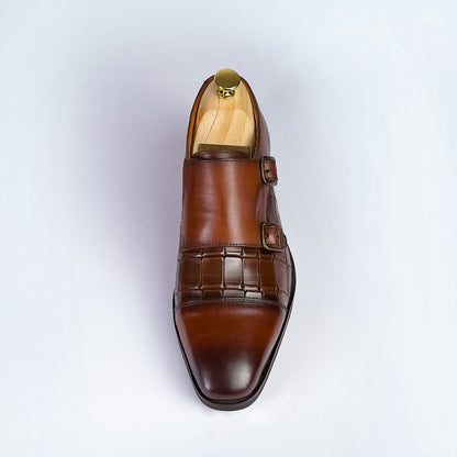 Piel Cuero Men's Brown Genuine Leather Double Monk Strap Shoes