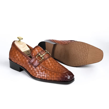 Handcrafted Woven Leather Horsebit Loafers for Men Tan