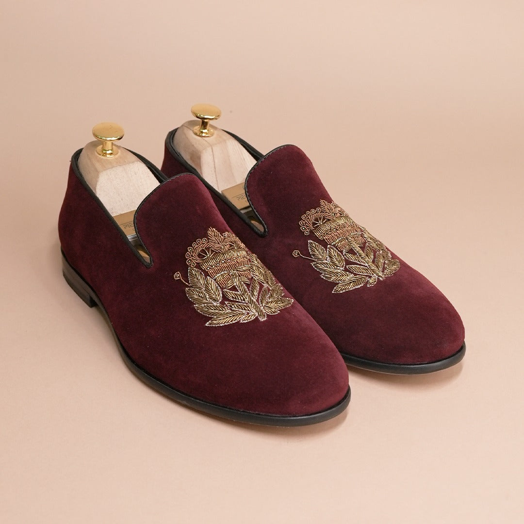 Piel Cuero Burgundy Gold Embroidered Velvet Loafers for Men