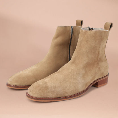 Beige Suede Zip-Up Boots for Men | Low Heel Leather Booties by Piel Cuero