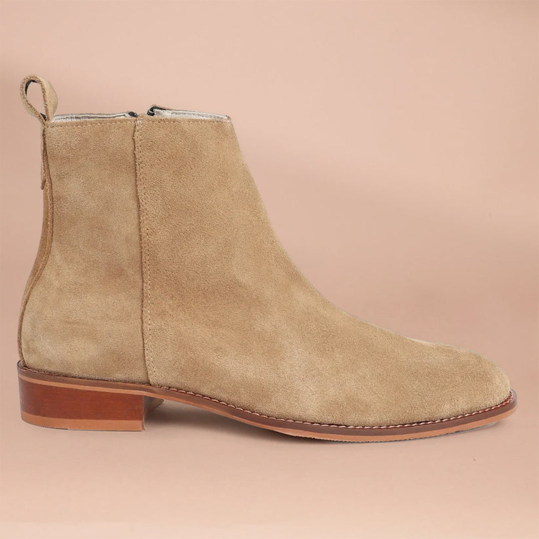 Beige Suede Zip-Up Boots for Men | Low Heel Leather Booties by Piel Cuero