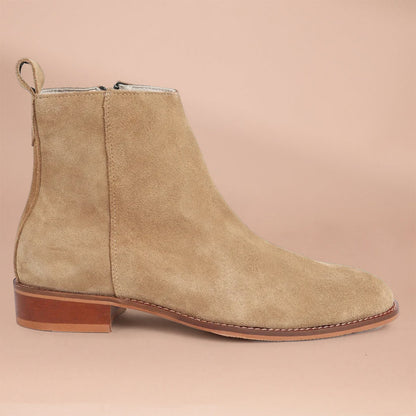 Beige Suede Zip-Up Boots for Men | Low Heel Leather Booties by Piel Cuero