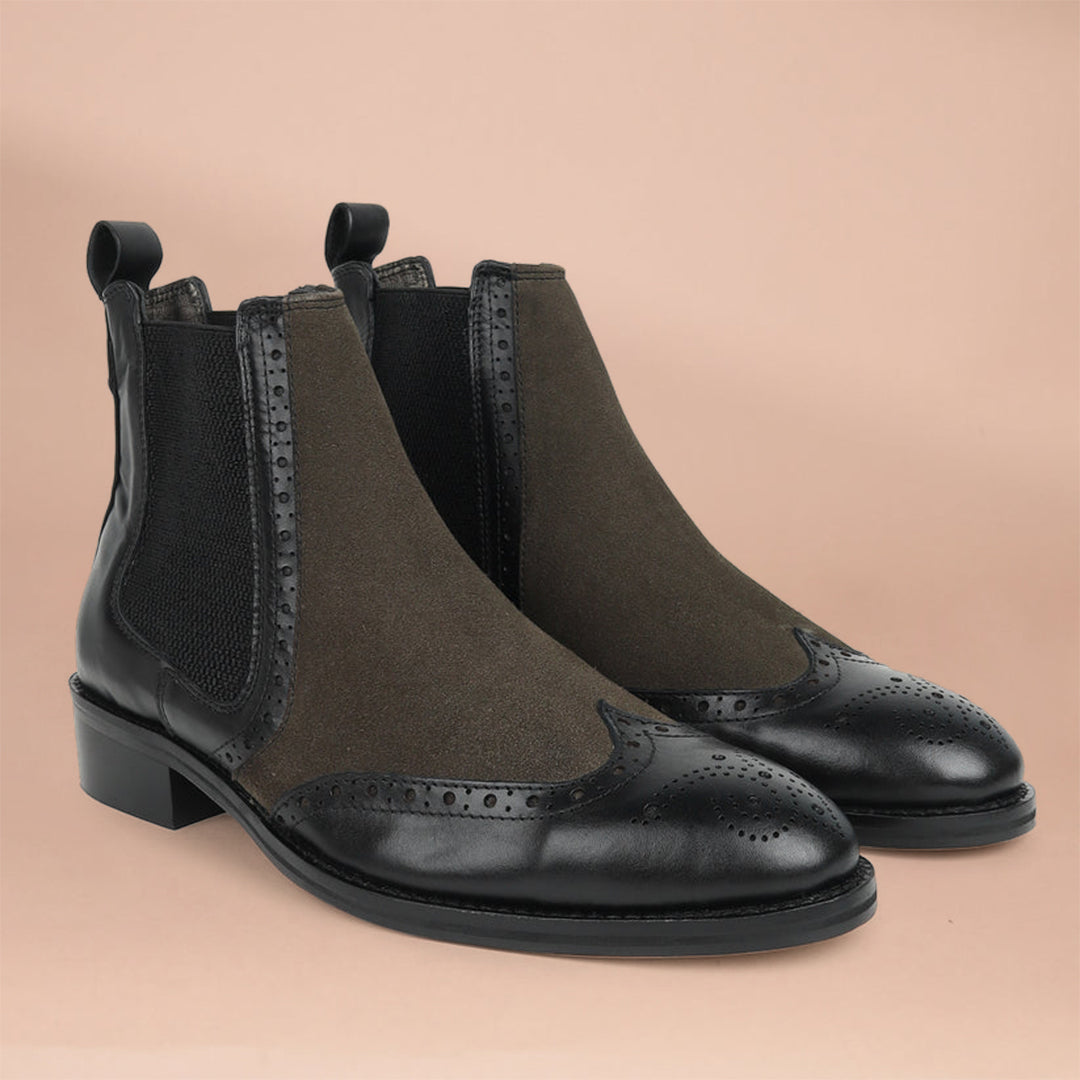 Piel Cuero Men's Brogue Chelsea Boots in Black Leather & Olive Suede