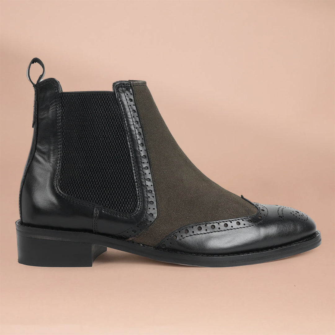 Piel Cuero Men's Brogue Chelsea Boots in Black Leather & Olive Suede