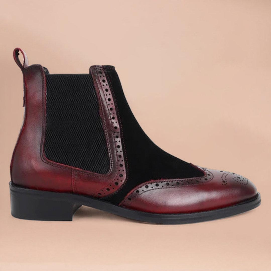 Piel Cuero Men’s Brogue Chelsea Boots in Cherry Leather & Black Suede |  Leather