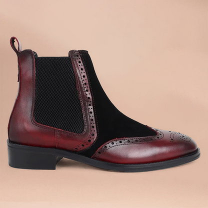 Piel Cuero Men’s Brogue Chelsea Boots in Cherry Leather & Black Suede |  Leather
