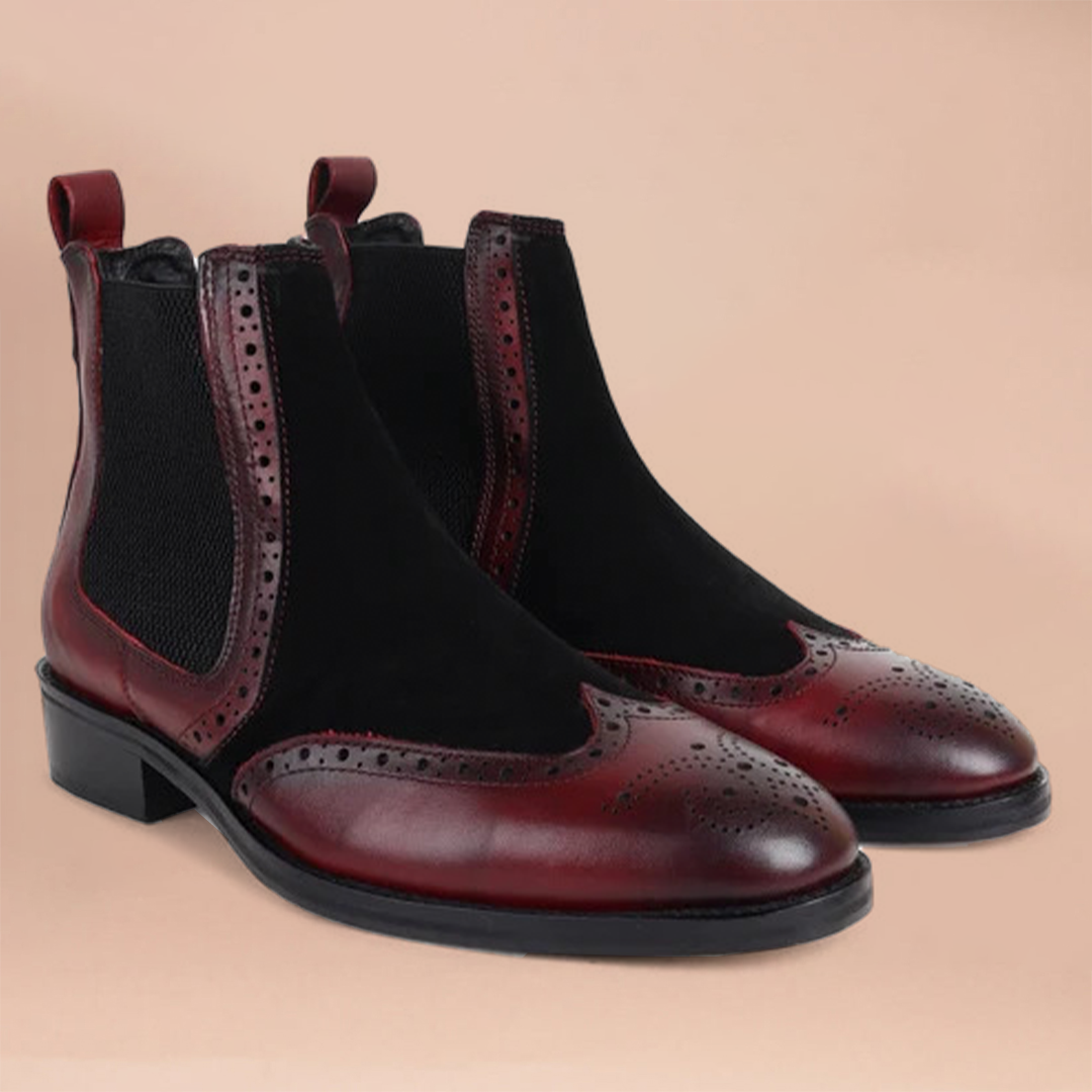 Piel Cuero Men’s Brogue Chelsea Boots in Cherry Leather & Black Suede |  Leather