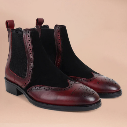 Piel Cuero Men’s Brogue Chelsea Boots in Cherry Leather & Black Suede |  Leather