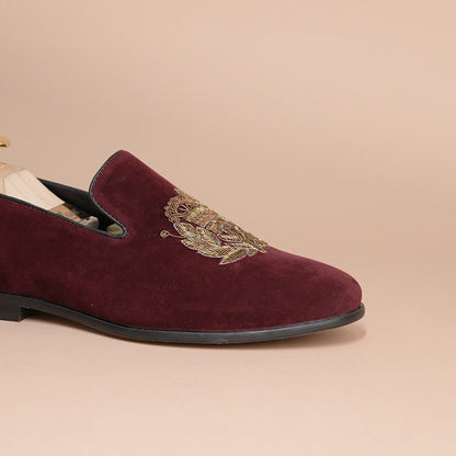 Piel Cuero Burgundy Gold Embroidered Velvet Loafers for Men