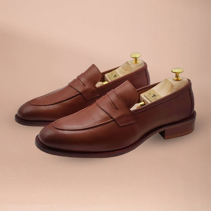 Men's Genuine Leather Penny Loafers - Handmade Brown Loafer Shoes by Piel Cuero