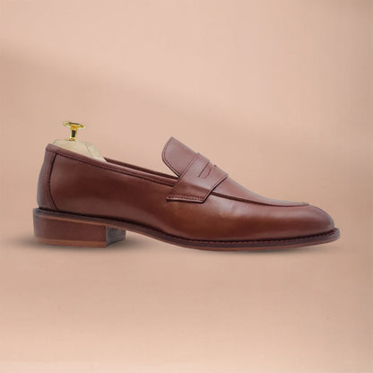 Men's Genuine Leather Penny Loafers - Handmade Brown Loafer Shoes by Piel Cuero