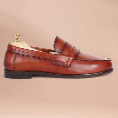 Timeless Dark Tan Penny Loafers by Piel Cuero – Crushed Hand‑Painted Leather
