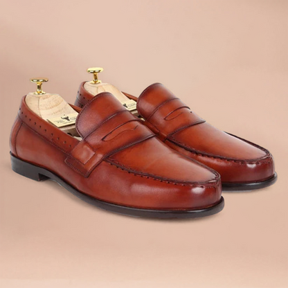 Timeless Dark Tan Penny Loafers by Piel Cuero – Crushed Hand‑Painted Leather