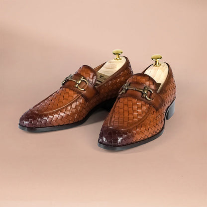 Handcrafted Woven Leather Horsebit Loafers for Men Tan