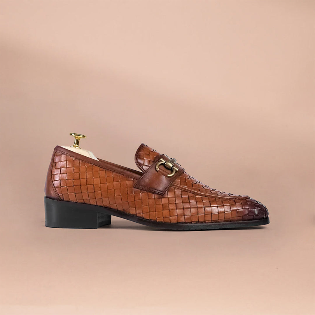 Handcrafted Woven Leather Horsebit Loafers for Men Tan