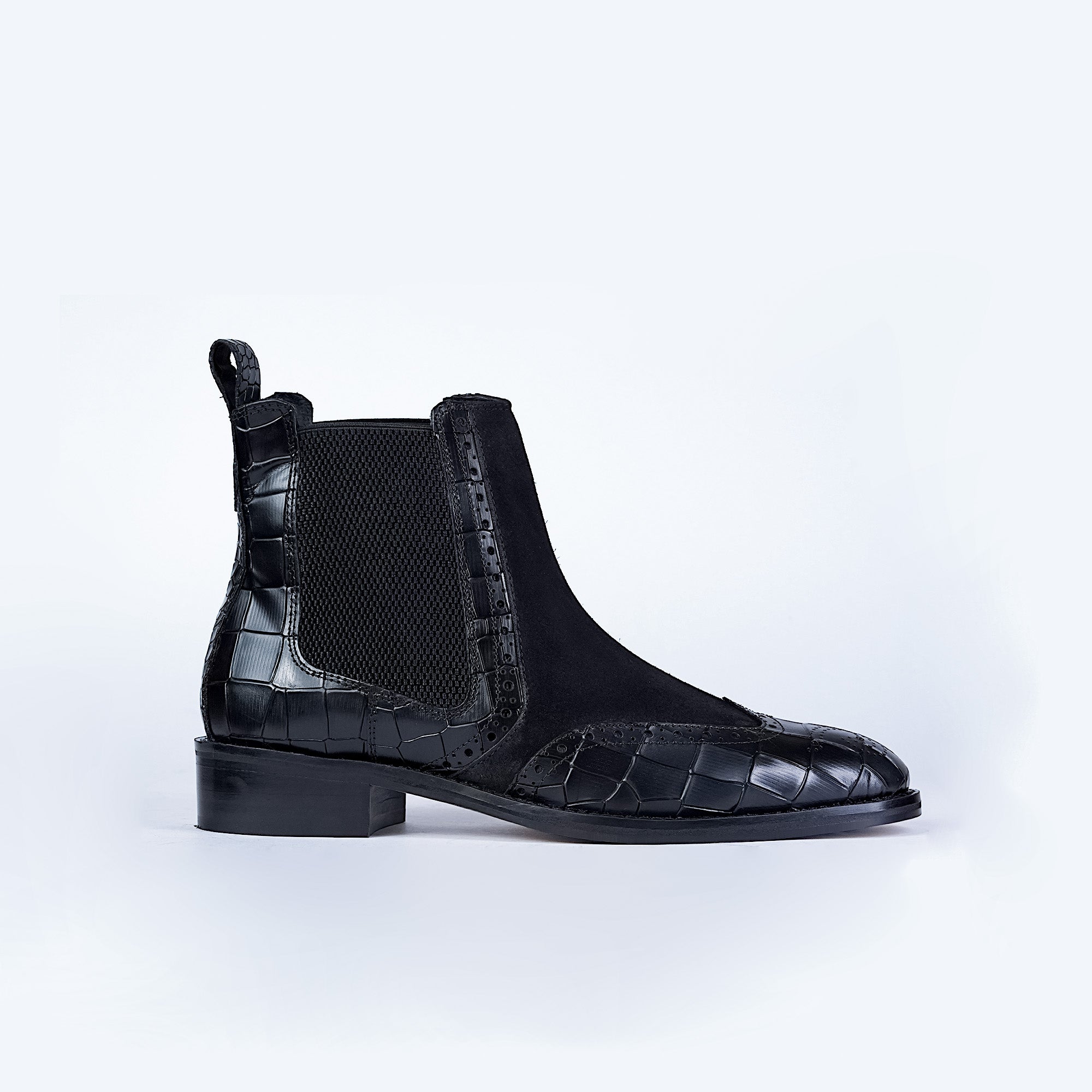 Genuine Leather Chelsea Boots Black - Crocodile Embossed, Suede & Brogue by Piel Cuero