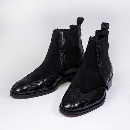 Genuine Leather Chelsea Boots Black - Crocodile Embossed, Suede & Brogue by Piel Cuero