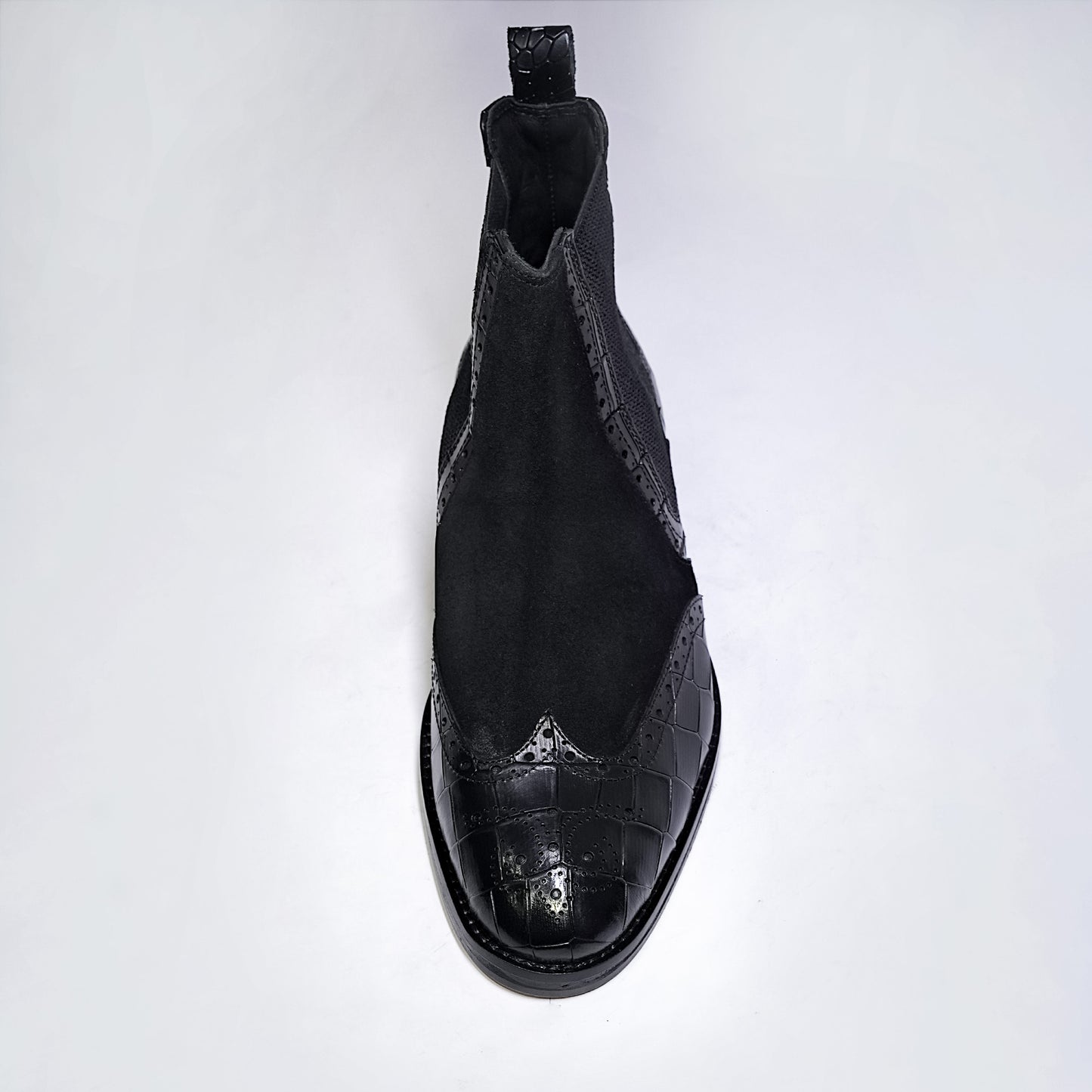 Genuine Leather Chelsea Boots Black - Crocodile Embossed, Suede & Brogue by Piel Cuero