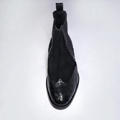 Genuine Leather Chelsea Boots Black - Crocodile Embossed, Suede & Brogue by Piel Cuero