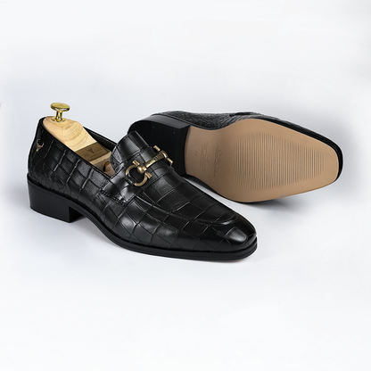 Piel Cuero Men's Croc-Embossed Genuine Leather Loafers - Handcrafted Luxury Black