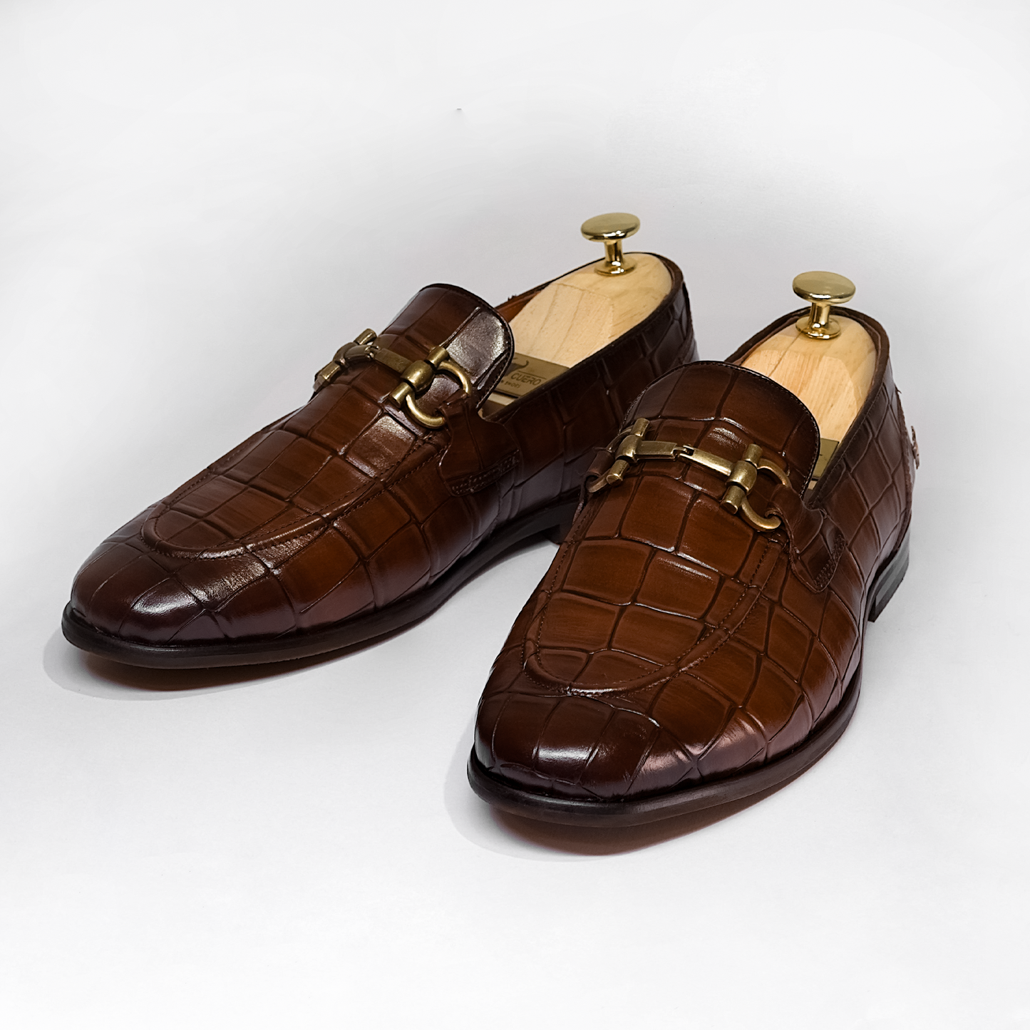 Men's Brown Croc Embossed Loafers - Piel Cuero Genuine Leather Shoes