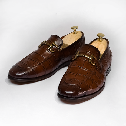 Men's Brown Croc Embossed Loafers - Piel Cuero Genuine Leather Shoes
