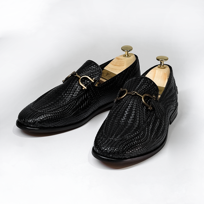 Piel Cuero Hand-Woven Black Leather Loafers | Men's Slip-On Dress Shoes