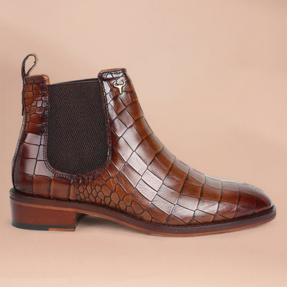 Piel Cuero Men’s Brown Deep Cut Croco Print Embossed Leather Chelsea Boots