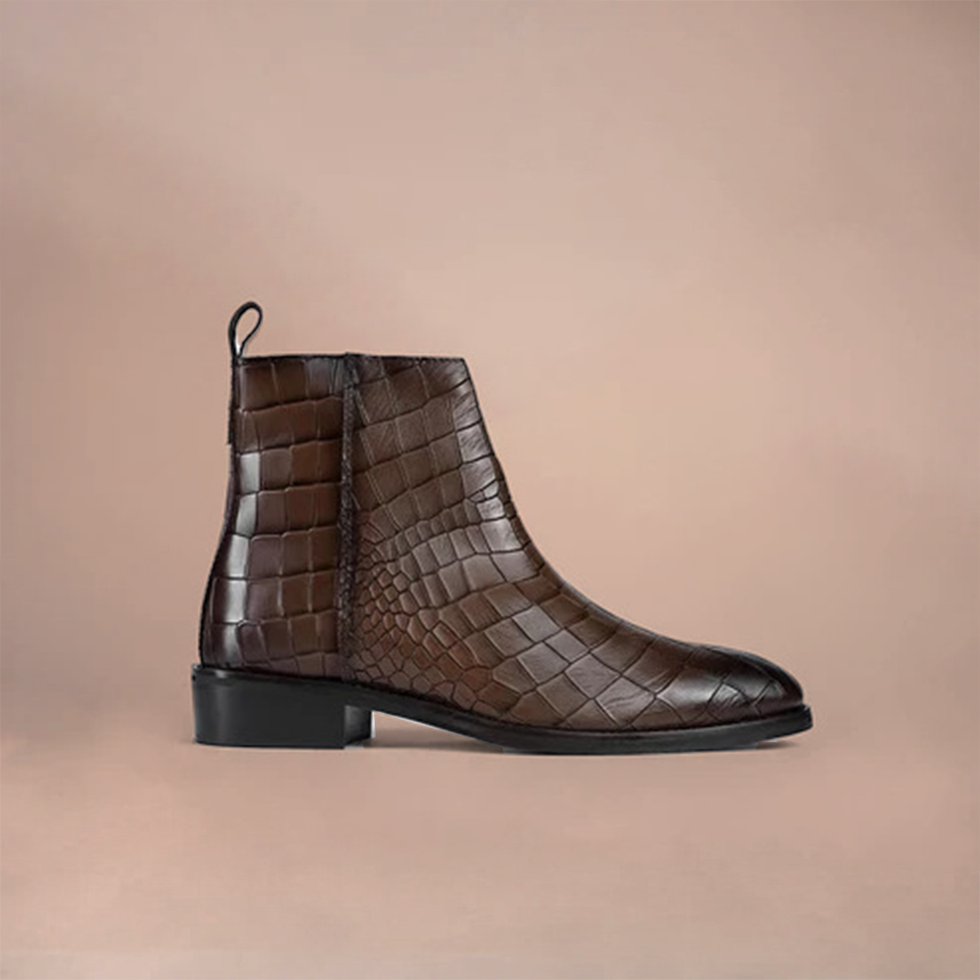 Piel Cuero Brown Crocodile Print Leather Zipper Ankle Boots